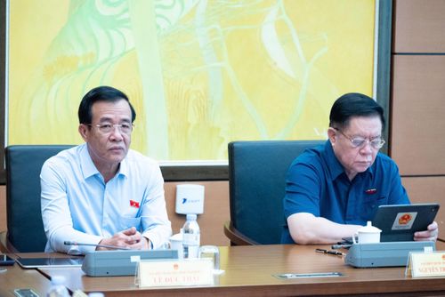 Ủy viên Bộ Chính trị, Bí thư Trung ương Đảng, Chủ nhiệm Tổng cục Chính trị QĐND Việt Nam, Đại tướng Nguyễn Trọng Nghĩa và Ủy viên Trung ương Đảng, Bí thư Tỉnh ủy, Trưởng đoàn ĐBQH tỉnh Thanh Hóa Lê Đức Thái tại buổi thảo luận tổ. Ảnh: Phạm Thắng