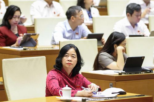Ủy viên Bộ Chính trị, Bí thư Trung ương Đảng, Bí thư Đảng ủy MTTQ, các đoàn thể Trung ương, Chủ tịch UBTƯ MTTQ Việt Nam Bùi Thị Minh Hoài tham dự phiên thảo luận tại hội trường sáng 21/4.