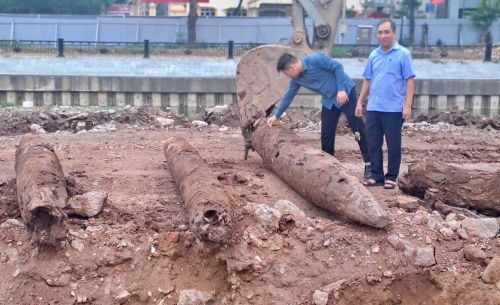 3 cọc gỗ cổ tại hiện trường thi công gần chân cầu Chà Là