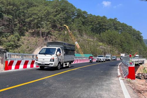 Các đoàn xe nối đuôi nhau qua cầu cạn.