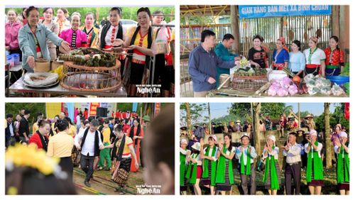 Các đồng chí lãnh đạo và người dân tham quan gian hàng giới thiệu các sản phẩm địa phương và chung vui tại ngày hội Đại đoàn kết tại các xã Nghĩa Đồng, Bình Chuẩn, Giai Xuân. Ảnh: CSCC