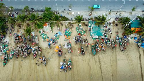 Những chiếc thuyền sau một đêm ra khơi lần lượt cập bến, mang theo đủ loại hải sản như cá, tôm, mực, bề bề... Đây là thời điểm nhộn nhịp nhất trong ngày. Người mua, kẻ bán tấp nập ngay trên bãi biển, tạo nên một “chợ hải sản” tự phát đầy màu sắc.