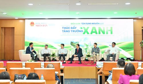 Các diễn giả tham gia phiên tọa đàm cấp cao "Từ giải pháp đến hành đồng: Huy động nguồn lực và giải pháp nhằm tận dụng nguồn lực thúc đẩy tăng trưởng xanh" với sự điều phối của TS. Võ Trí Thành, Viện trưởng, Viện chiến lược Thương hiệu và Cạnh tranh