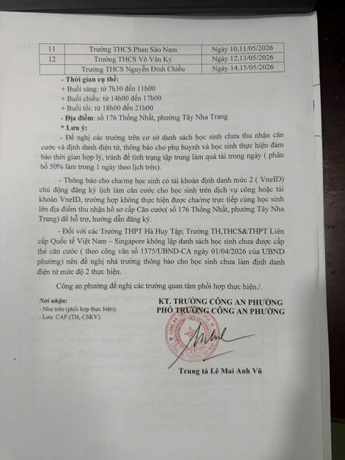 Lịch làm căn cước cho các trường học, mỗi trường được ưu tiên 2 ngày, mỗi ngày 6 buổi.