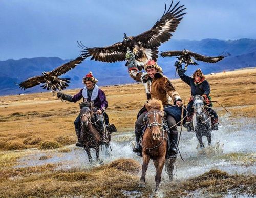 Các thợ săn với đại bàng (là những người du mục Kazakh, huấn luyện những con đại bàng vàng mạnh mẽ để săn mồi) tại Lễ hội Đại bàng vàng, được tổ chức hàng năm tại vùng núi Altai hẻo lánh thuộc tỉnh Bayan-Ölgii, Mông Cổ. Ảnh: vacationsmongolia
