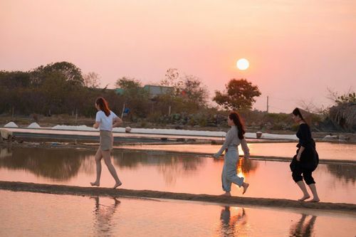 Các bạn trẻ trải nghiệm tại cánh đồng muối