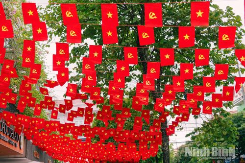 Những lá cờ tung bay trên đường Châu Cầu (phường Phủ Lý) mang đến cảm giác hân hoan cho người qua lại.