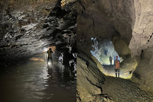 Hang Má Dơm tại xã Kim Điền (ảnh bên trái) dài 1.257m; hang Chả Nghéo trong VQG Phong Nha - Kẻ Bàng dài 583m; hang Nước Lặn (xã Tân Thành, xã Tuyên Lâm; ảnh bên phải) dài 2.721m.