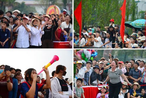 Người dân hào hứng cổ vũ, ghi lại những khoảnh khắc sôi động của giải bơi chải.