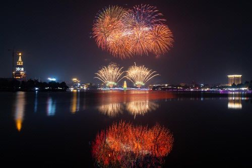 Khoảnh khắc pháo hoa tầm cao rực sáng như những đóa hoa khổng lồ trên nền trời đêm