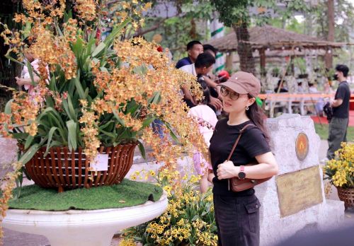 Phái đẹp lưu lại khoảnh khắc bên những giò phong lan rực rỡ, tạo điểm nhấn giữa không gian trưng bày. Ảnh: Hoàng Hùng – TTXVN