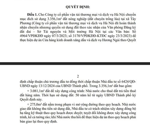 Hà Nội ban hành Quyết định số 2200/QĐ-UBND cho Công ty cổ phần Vận tải thương mại và Dịch vụ Hà Nội chuyển mục đích sử dụng 3.356,1m² đất nông nghiệp (đất chuyên trồng lúa) tại xã Tây Phương để thực hiện Dự án Cửa hàng kinh doanh xăng dầu và dịch vụ Hương Ngải.