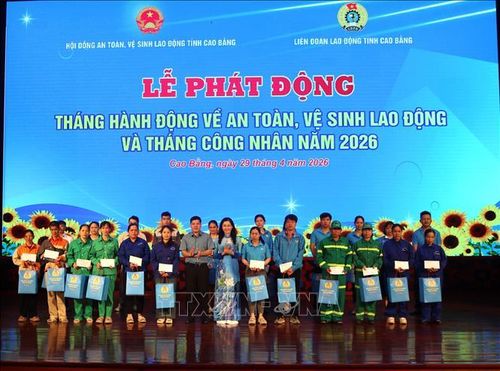 Tặng quà cho đoàn viên công đoàn, công nhân lao động có hoàn cảnh khó khăn. Ảnh: Chu Hiệu/TTXVN