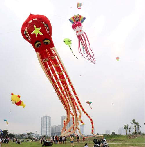 Để đưa diều bạch tuộc khổng lồ bay lên, người chơi phải thả một chiếc diều mồi lên cao trước để tạo lực nâng. Ảnh: Tuấn Điệp