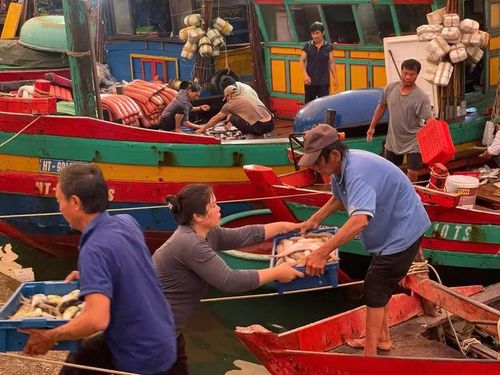 Khi những chuyến tàu cập bến, qua tay những người phụ nữ, hải sản được chuyển nhanh từ khoang lên bờ thoăn thoắt.