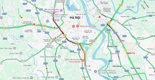 Bản đồ thể hiện tình trạng ùn tắc giao thông tại Hà Nội sáng nay. Ảnh: Google Maps