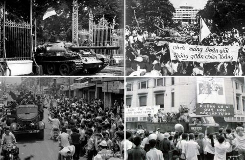 Khoảnh khắc lịch sử xe tăng Quân giải phóng tiến vào Dinh Độc Lập, trưa 30/4/1975; Nhân dân Sài Gòn chào đón quân Giải phóng; Người dân Hà Nội đổ ra đường ăn mừng khi nghe tin chiến thắng ngày 30/4/1975. Ảnh: Tư liệu TTXVN
