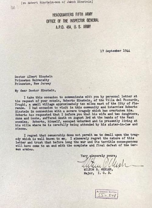 Bức thư gửi Albert Einstein thông báo về cái chết của Nina và các con gái của bà. Ảnh: Đại học Hebrew Jerusalem