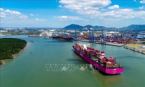 Tàu ONE EAGLE thuộc tuyến dịch vụ mới do Liên minh Premier khai thác tại Cảng Quốc tế Tân Cảng - Cái Mép. Ảnh: TTXVN phát