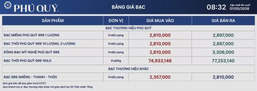 Giá bạc Phú Quý niêm yết vào thời điểm 11 giờ 50 phút ngày 1/5.