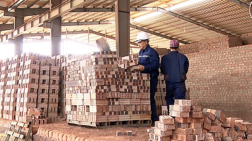 Ông Hoàng Đức Lược cùng đồng nghiệp trong tổ bốc xếp đưa gạch ra lò.