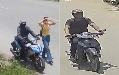 Hai đối tượng trước và sau thời điểm gây án do camera an ninh của người dân ghi lại.