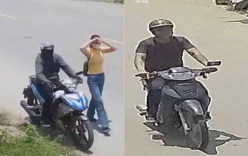 Hai đối tượng trước và sau thời điểm gây án do camera an ninh của người dân ghi lại.