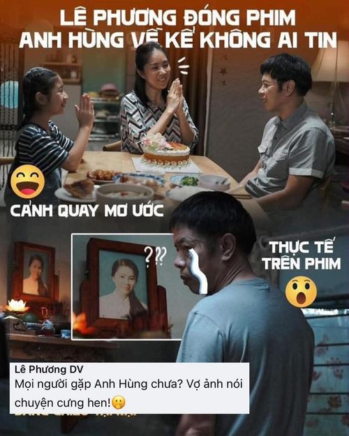 Lê Phương hài hước chia sẻ hình ảnh so sánh giữa "cảnh quay mơ ước" và "thực tế nghiệt ngã" của nữ diễn viên trong Anh Hùng. Ảnh: DPCC