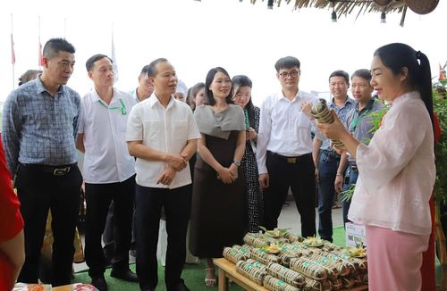 Đồng chí Mai Sơn và các đại biểu tham quan gian hàng giới thiệu sản phẩm ẩm thực của xã Hoàng Vân trong khuôn khổ chương trình.
