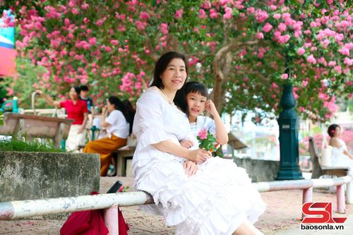 Các em nhỏ thích thú với hoa tường vi.