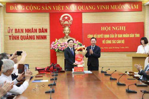 Phó Chủ tịch UBND tỉnh Quảng Ninh Lê Văn Ánh trao quyết định cho tân Giám đốc Sở Y tế Bùi Mạnh Hùng.