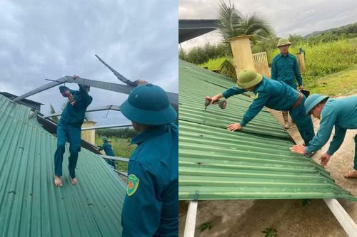 Lực lượng chức năng xã Thành Bình Thọ giúp dân khắc phục hậu quả mưa đá, dông lốc. (Ảnh: CSCC)