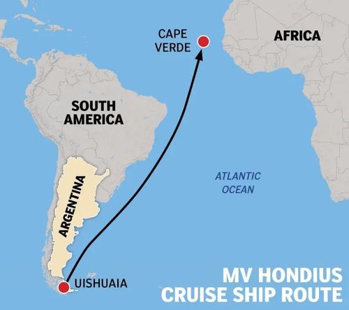 Hành trình Tàu du lịch MV Hondius đi từ Argentina đến quốc đảo Cape Verde. Ảnh: NYpost