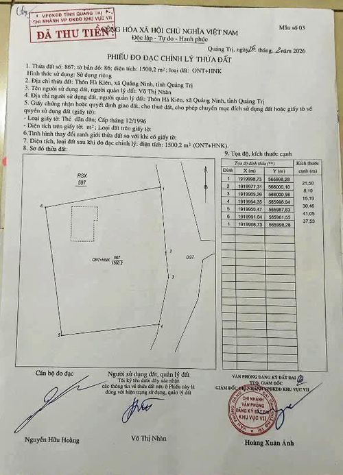 Kết quả đo đạc, chỉnh lý đất đai do UBND xã Quảng Ninh và Chi nhánh Văn phòng đăng ký đất đai Khu vực 7 đã hoàn thành cho bà Nhàn - Ảnh: T.L