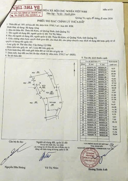 Kết quả đo đạc, chỉnh lý đất đai do UBND xã Quảng Ninh và Chi nhánh Văn phòng đăng ký đất đai Khu vực 7 đã hoàn thành cho bà Nhàn - Ảnh: T.L
