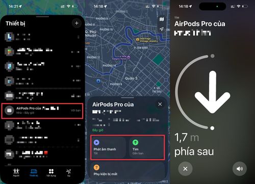 Thao tác tìm vị trí đánh rơi AirPods.