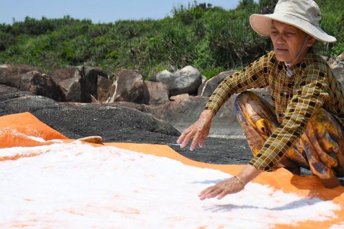 Bà Bùi Thị Vân - một trong số ít người còn gìn giữ nghề làm muối truyền thống ở Gò Cỏ
