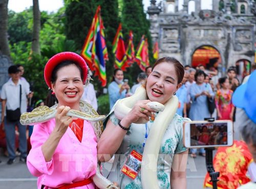 Rắn, trăn sống luôn là tâm điểm của Lễ hội làng Lệ Mật. Ảnh: Khánh Hòa - TTXVN