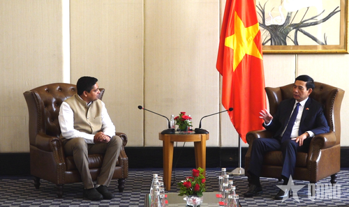 Đại tướng Phan Văn Giang trao đổi với ông Nikunj Parashar tại buổi tiếp. 