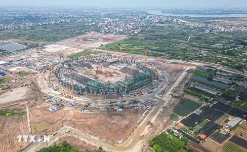 Dự kiến, sân vận động PVF sẽ hoàn thiện toàn bộ các hạng mục vào tháng 3/2027. (Ảnh: Minh Quyết/TTXVN)