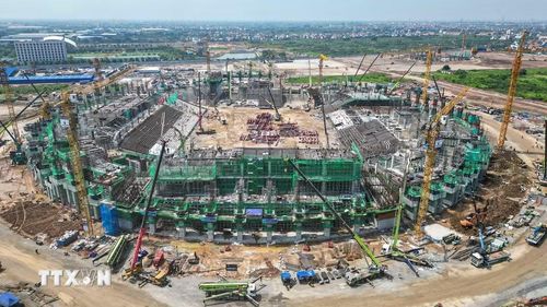 Dự kiến, sân vận động PVF sẽ hoàn thiện toàn bộ các hạng mục vào tháng 3/2027. (Ảnh: Minh Quyết/TTXVN)