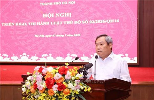 Chủ tịch UBND thành phố Hà Nội Vũ Đại Thắng quán triệt, triển khai nội dung Chỉ thị của Ban Thường vụ Thành ủy và Kế hoạch của UBND thành phố về tổ chức thi hành Luật Thủ đô năm 2026. Ảnh: Văn Điệp/TTXVN
