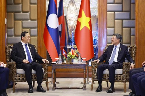 Thủ tướng Lê Minh Hưng gặp Thủ tướng Lào Sonexay Siphandone. Ảnh: Dương Giang – TTXVN