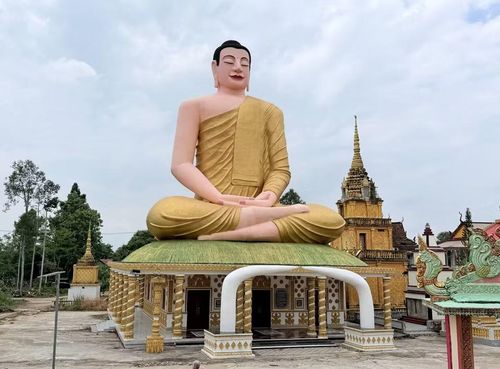 Tượng Phật Thích Ca ngồi thiền cao 27m nổi bật giữa không gian thanh bình của chùa Serey Meang Kol Sa Kor (An Giang). (Ảnh: Thanh Sang/TTXVN)