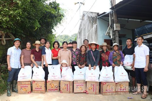 Lãnh đạo Hội Chữ thập đỏ tỉnh trao nhu yếu phẩm hỗ trợ các hộ bị ảnh hưởng bởi mưa bão tại xã Hữu Liên