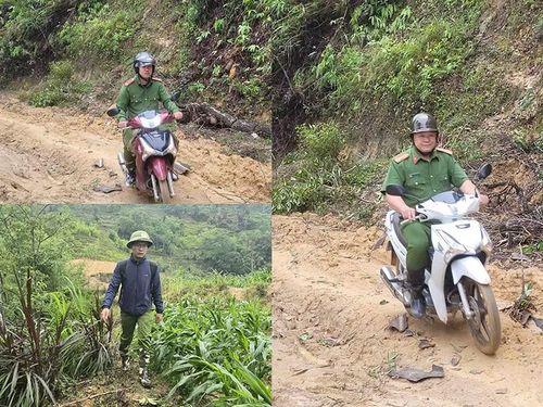 Vượt qua những đoạn đường xấu do giông lốc, lực lượng Công an đến hỗ trợ nhân dân.