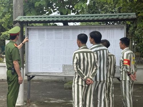 Cán bộ Công an hướng dẫn phạm nhân tìm hiểu Quyết định đặc xá của Chủ tịch nước và Hướng dẫn của Hội đồng tư vấn đặc xá.