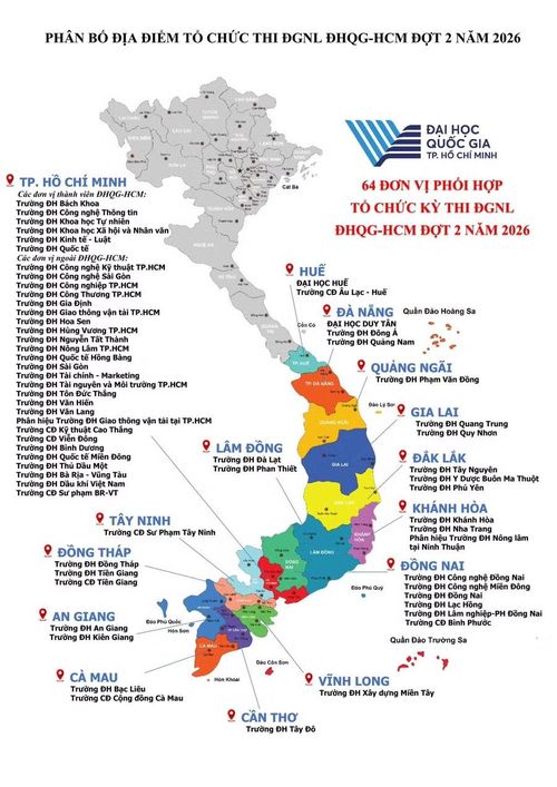 Phân bố địa điểm thi đánh giá năng lực đợt 2, năm 2026
