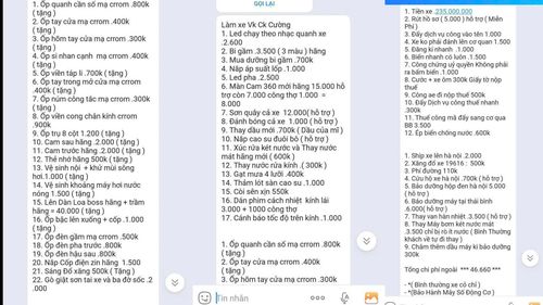 Danh sách phụ tùng và hạng mục sửa chữa được người bán liệt kê với nhiều mức giá gây tranh cãi. Ảnh: NVCC.