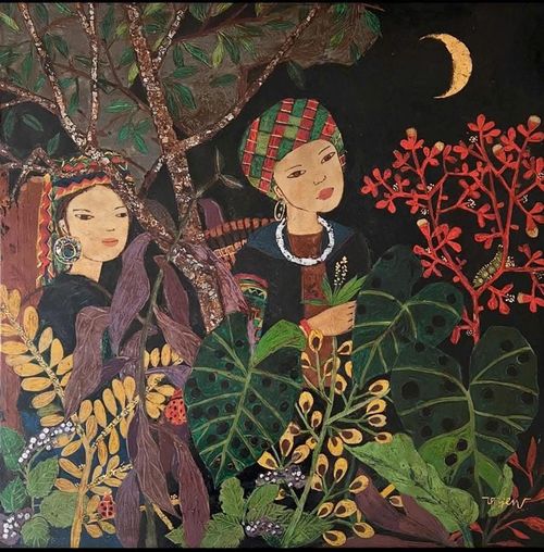 "Trăng muộn" - tranh sơn mài của họa sĩ Vũ Thanh Yên.